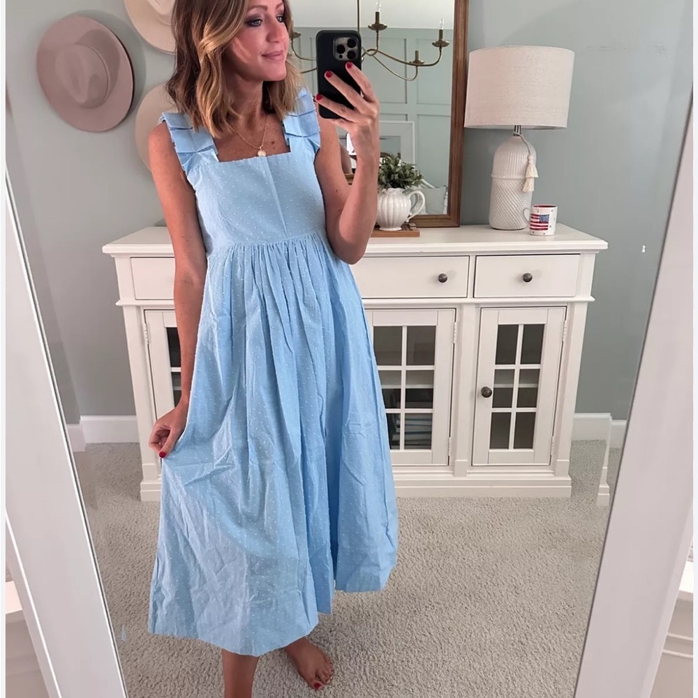 Lake Pajamas Lolly Dress in Morning Blue Swiss Dot Midi Pockets Sz S NEW - Picture 1 of 15